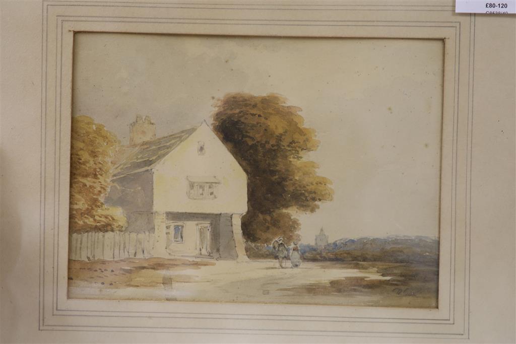 Attributed to David Cox, watercolour, Figures passing a house, 13 x 18cm, with two small oval watercolours and a group of assorted prin